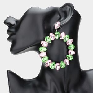 Big Pink and Green Open Circle Glass Teardrop Crystal Dangle Earrings Two Tone